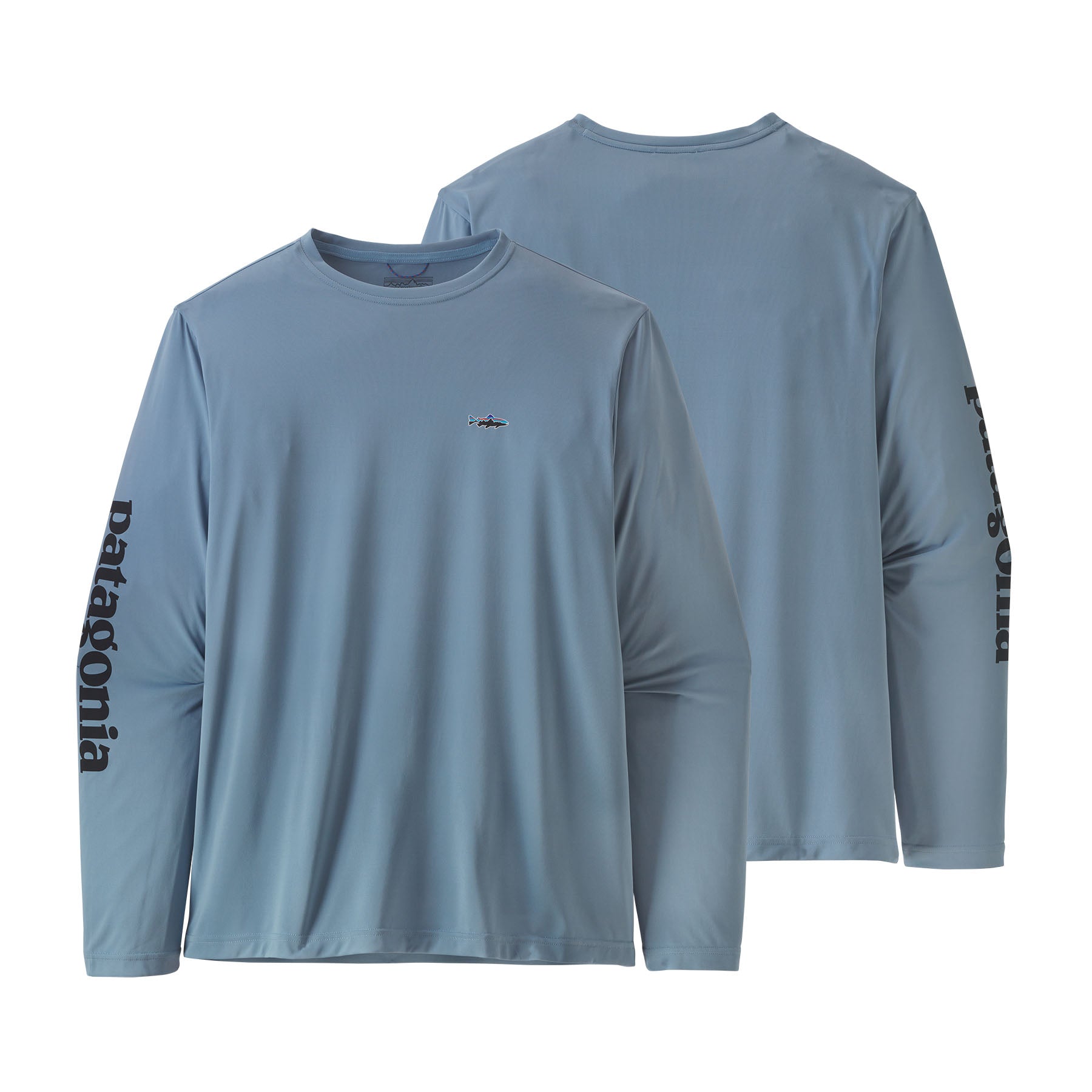 Patagonia Men's Long-Sleeved Capilene Cool Daily Fish Graphic Shirt Text Logo: Light Plume Grey / XL
